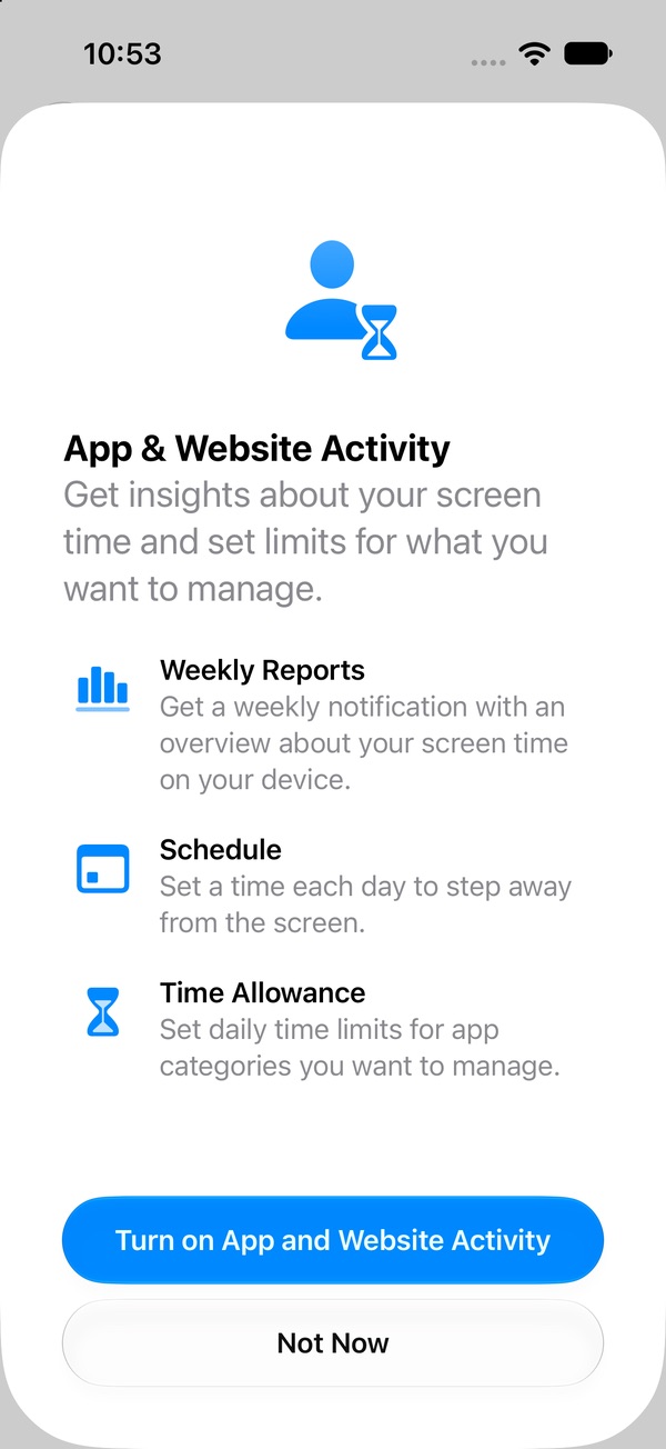 Sheet titled App and Website Activity listing Weekly Reports, Schedule and Time Allowance, with a Turn on App and Website Activity button