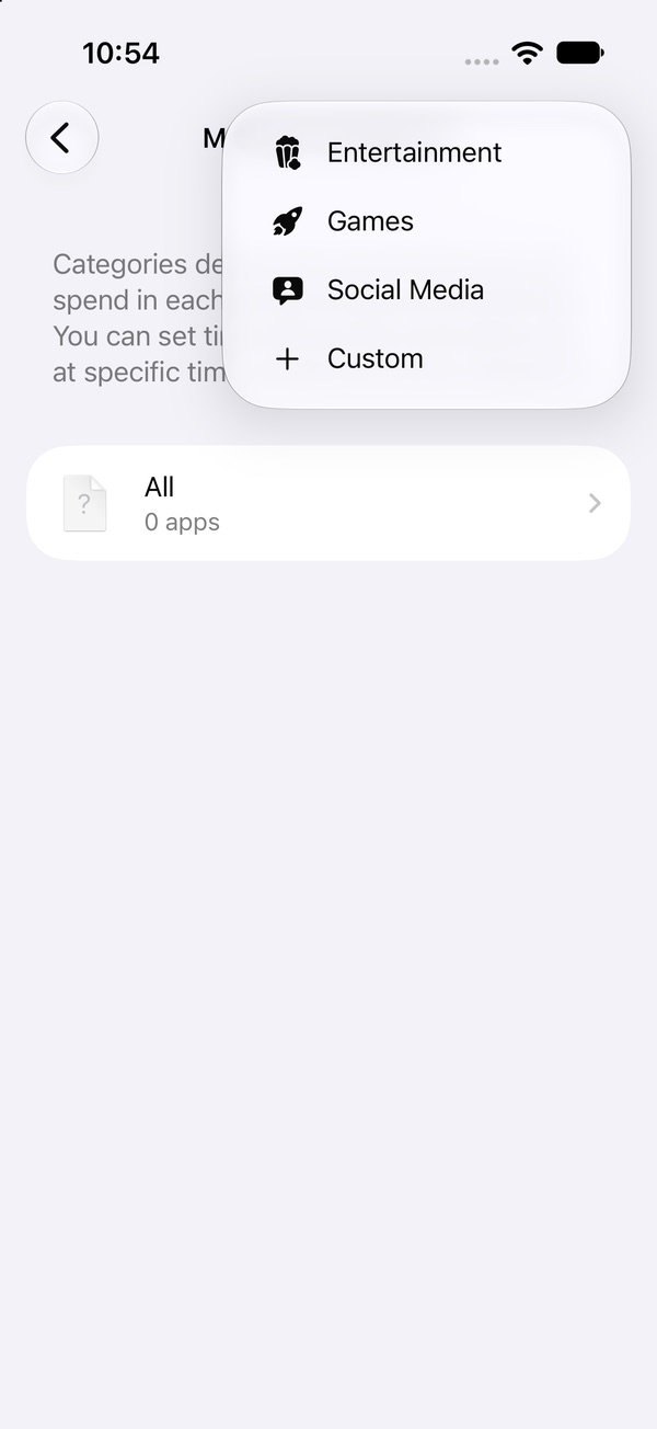 Manage Categories with the plus menu open showing Entertainment, Games, Social Media and Custom