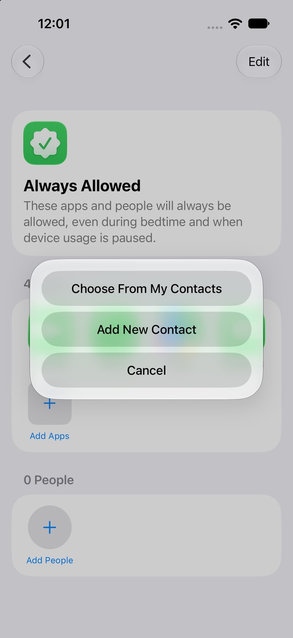 Add People menu on the Always Allowed page with Choose From My Contacts, Add New Contact and Cancel