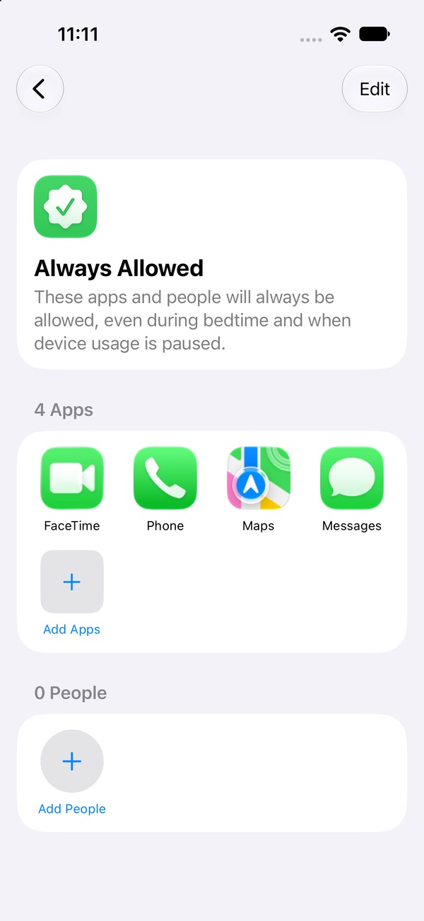 The iOS 27 Always Allowed list with FaceTime, Phone, Maps and Messages, plus Add Apps and Add People