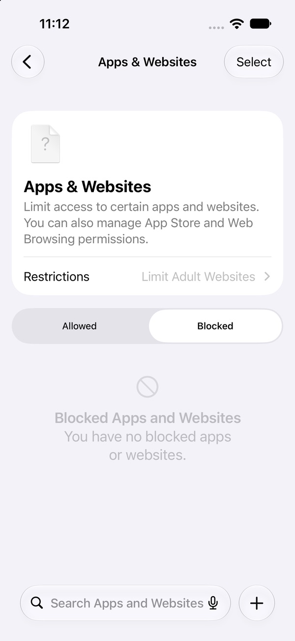 Apps and Websites page on the Blocked tab, empty, reading You have no blocked apps or websites, with a search bar and a plus button