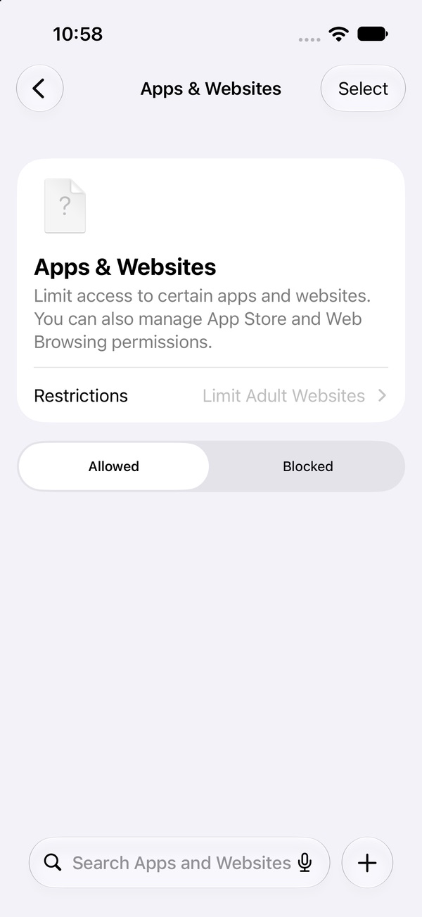 Apps and Websites page in iOS 27 with a Restrictions row and Allowed and Blocked tabs