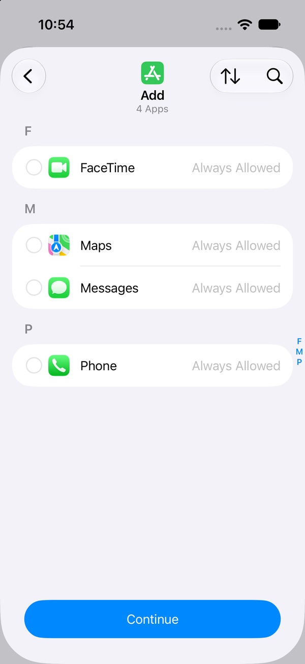 App picker listing apps alphabetically with a circle to tick next to each and a search button at the top