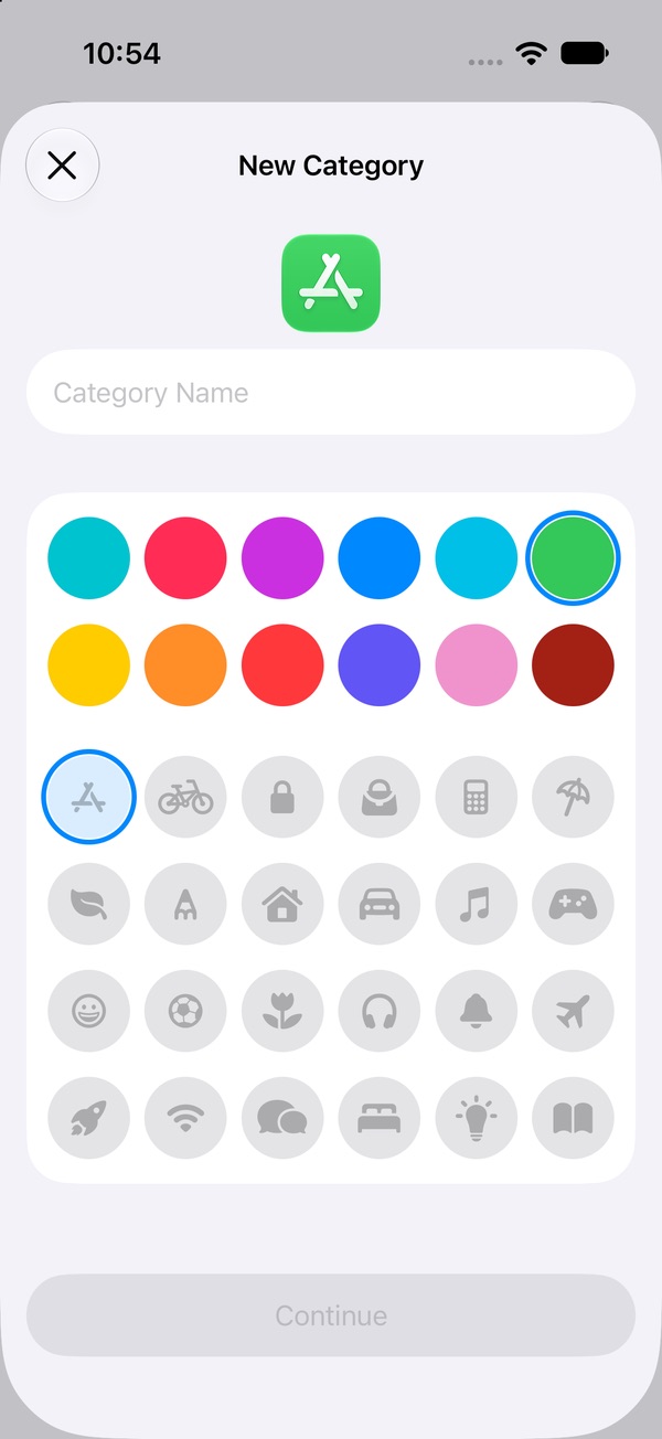 New Category screen with a Category Name field, a grid of colours and a grid of icons, and a Continue button