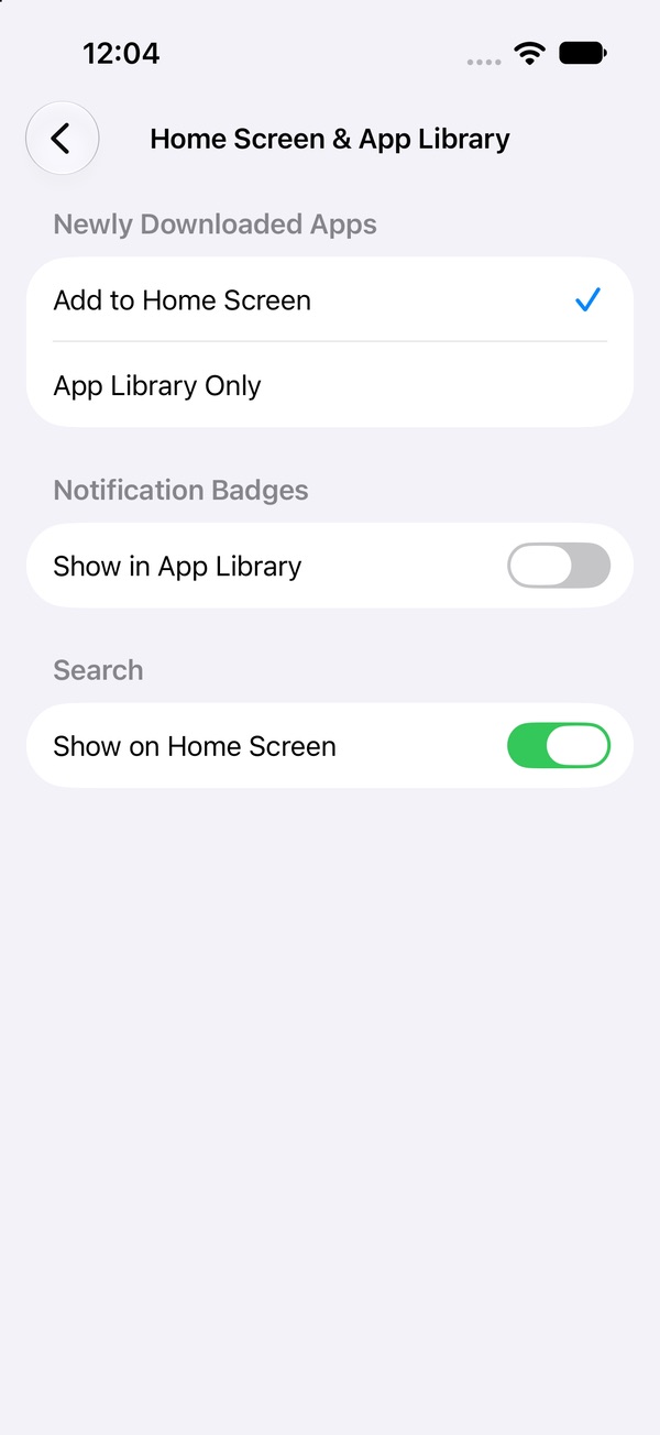 Home Screen & App Library settings with Newly Downloaded Apps set to Add to Home Screen or App Library Only
