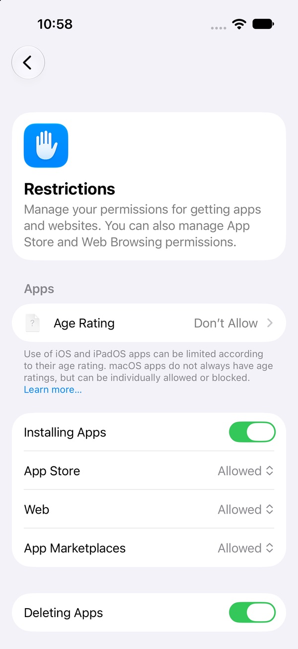 iOS 27 Apps & Websites Restrictions screen with the Installing Apps and Deleting Apps switches