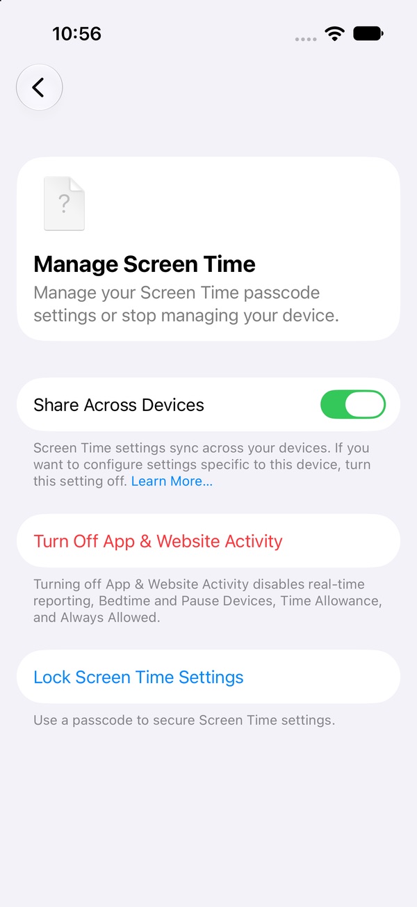 Manage Screen Time page with Share Across Devices, Turn Off App and Website Activity, and Lock Screen Time Settings