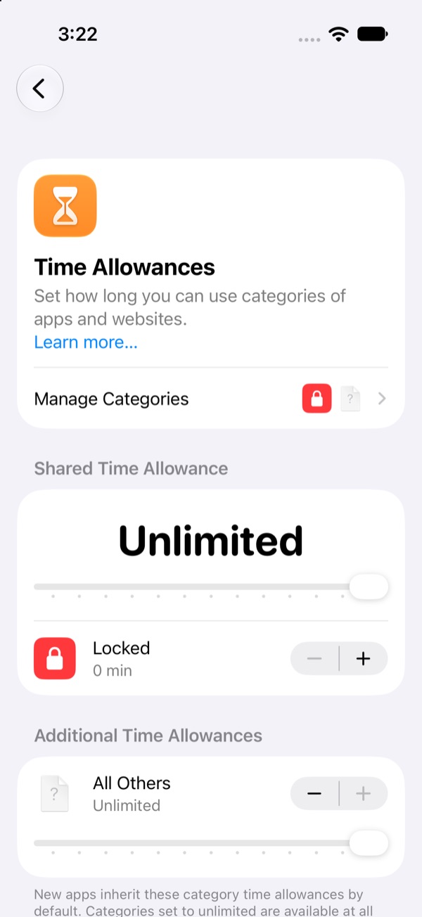 Time Allowances page showing the Locked category at 0 min under Shared Time Allowance