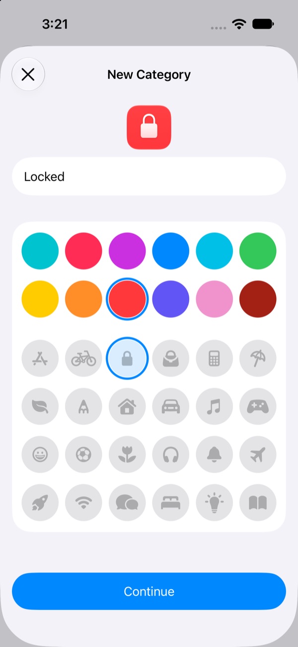 New Category screen with the name Locked, a red colour and a padlock icon selected, and a Continue button