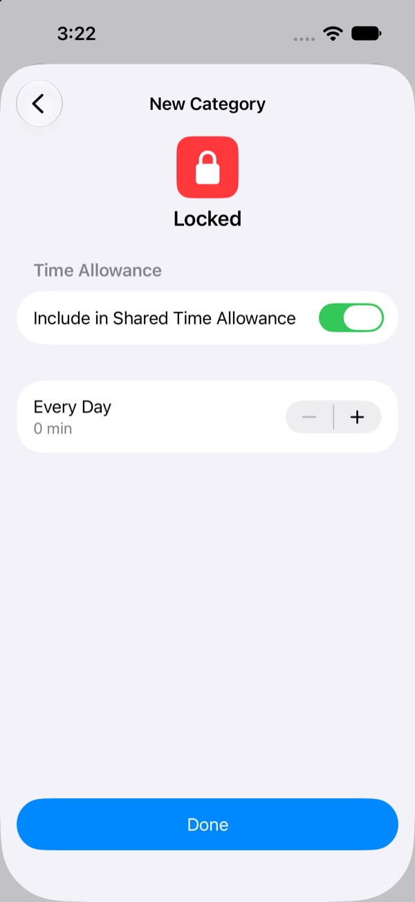 Time Allowance screen for the Locked category, Every Day set to 0 min, with the minus button greyed out and a Done button