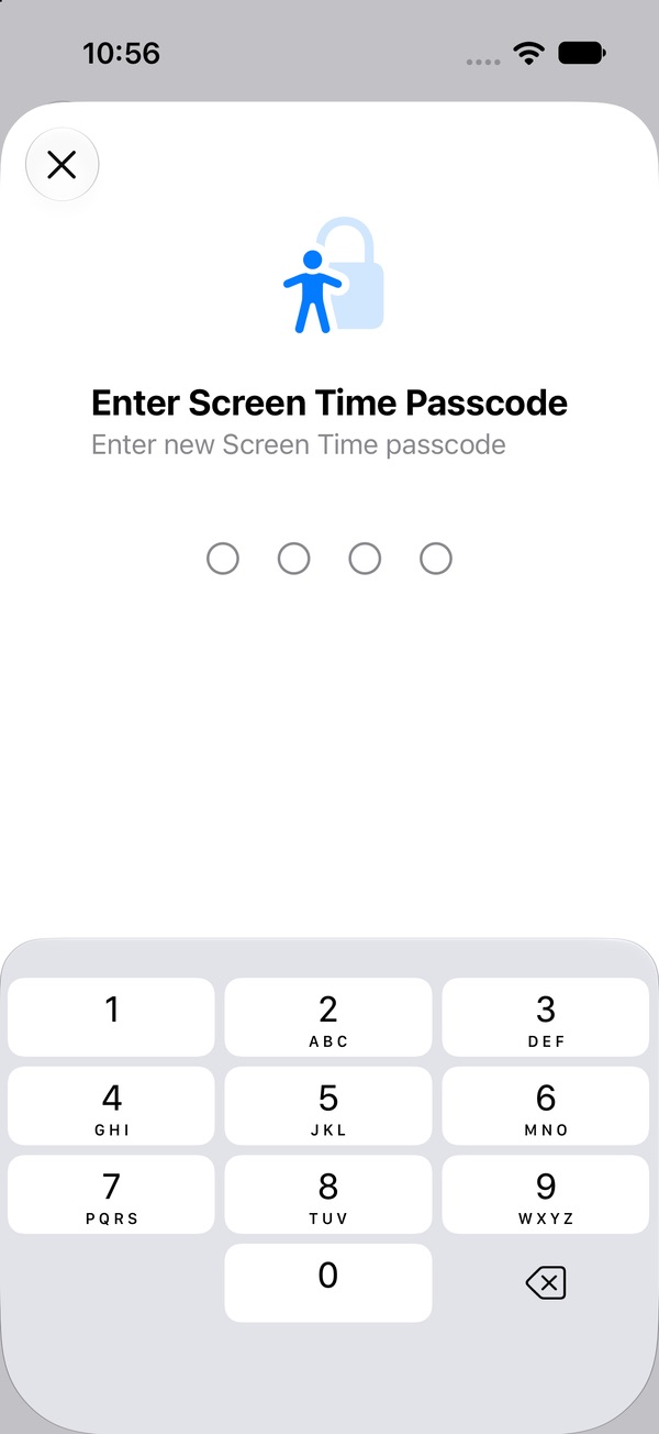 Enter Screen Time Passcode screen asking for a new four-digit passcode, with a number pad