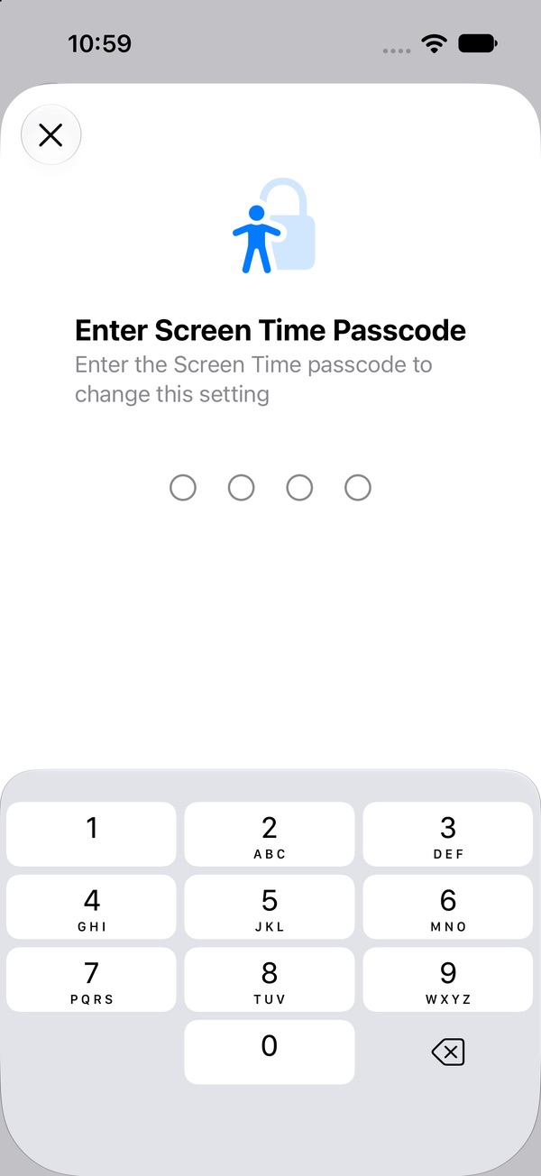 Prompt reading Enter the Screen Time passcode to change this setting, with a number pad