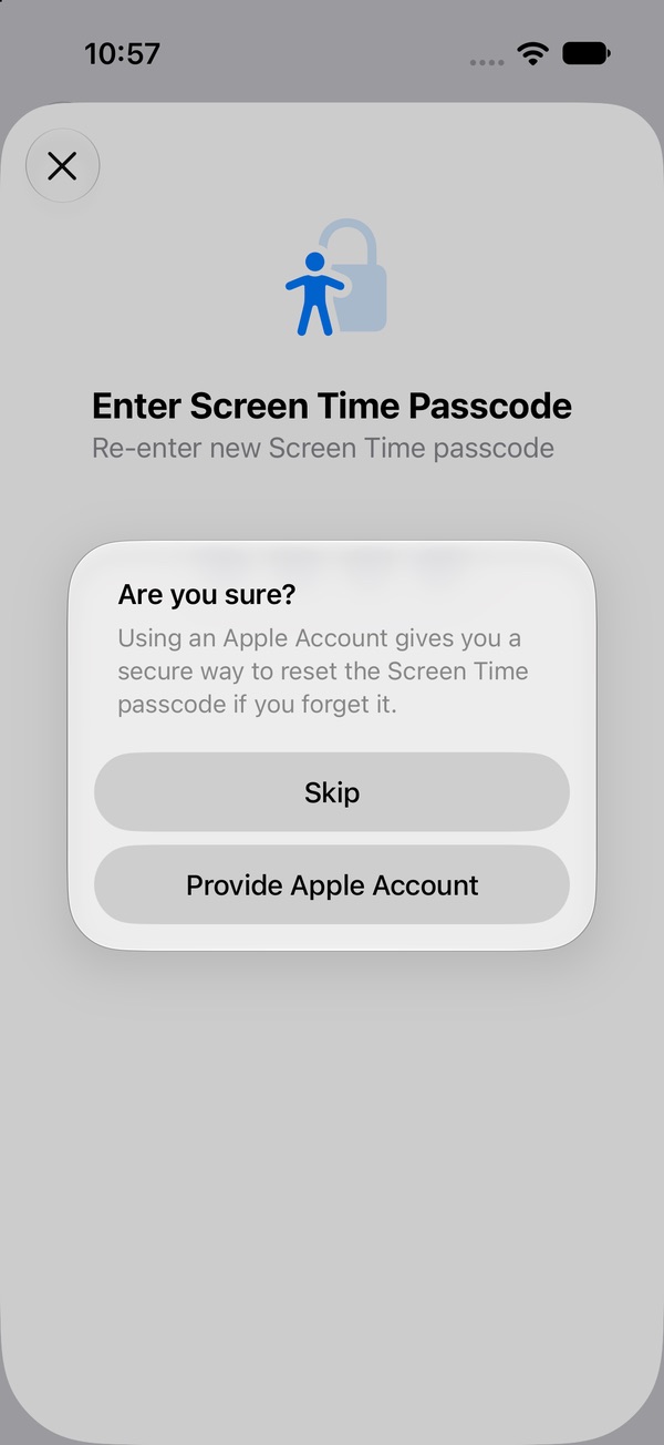 Are you sure? dialog saying an Apple Account gives you a secure way to reset the Screen Time passcode, with Skip and Provide Apple Account buttons