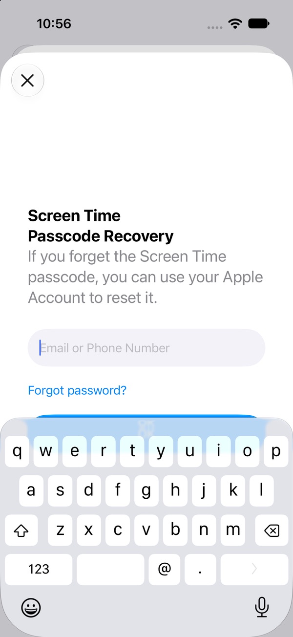 Screen Time Passcode Recovery screen explaining that you can use your Apple Account to reset a forgotten passcode, with an Email or Phone Number field