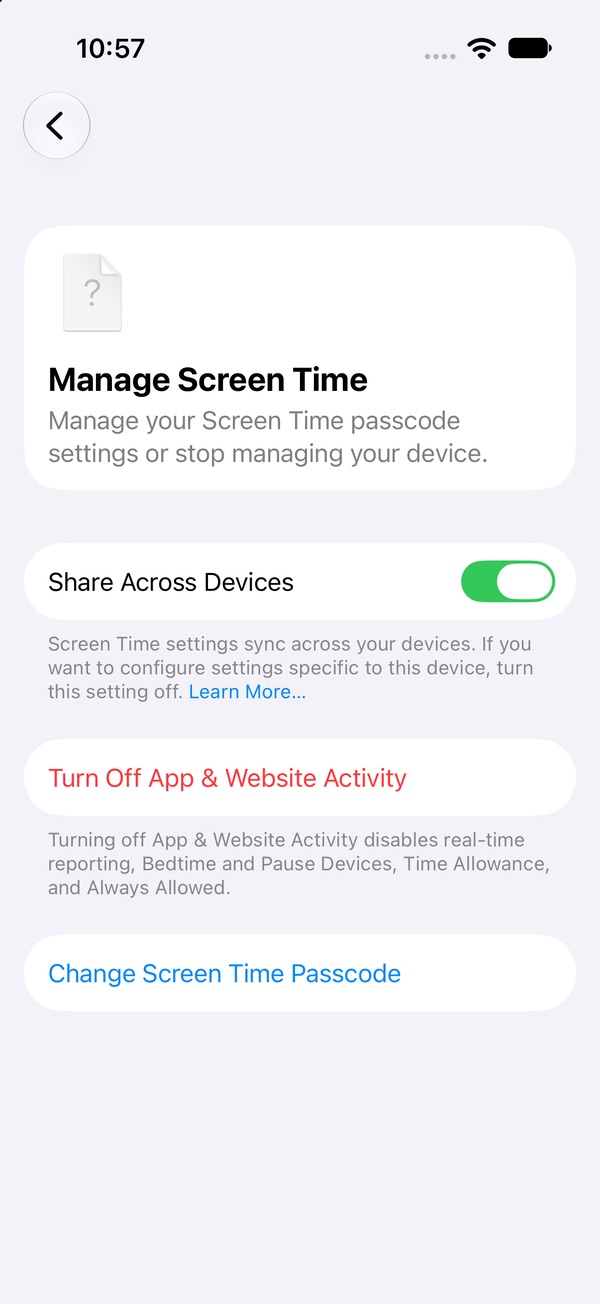 Manage Screen Time page after the passcode is set, showing a Change Screen Time Passcode button