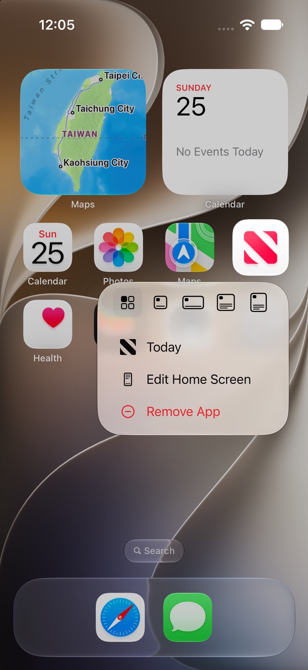 Touch-and-hold menu on a Home Screen app showing Edit Home Screen and Remove App