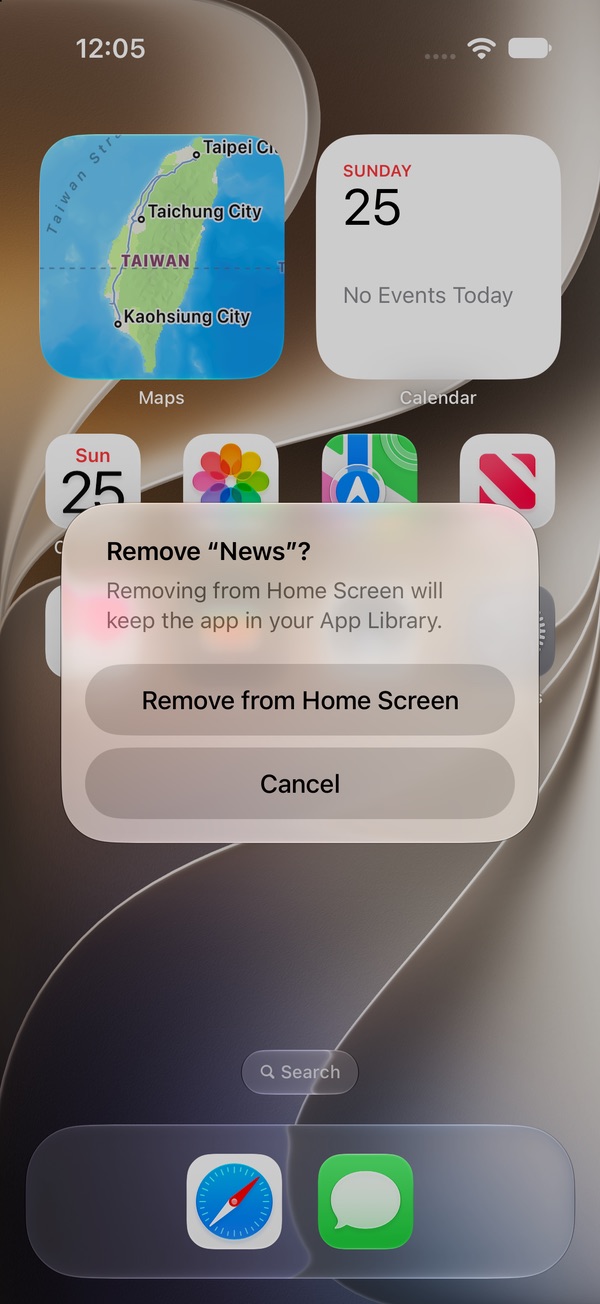 Dialog: Removing from Home Screen will keep the app in your App Library, with a Remove from Home Screen button