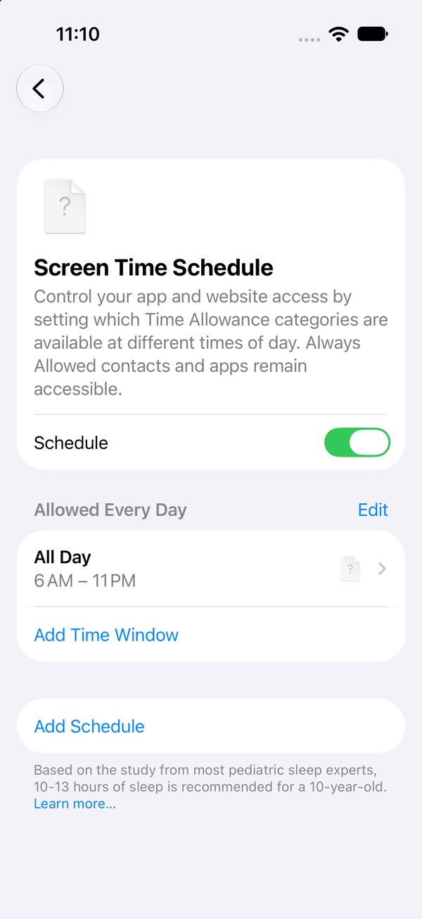 iOS 27 Screen Time Schedule with the Schedule switch on and the Allowed Every Day time window, Edit, Add Time Window and Add Schedule