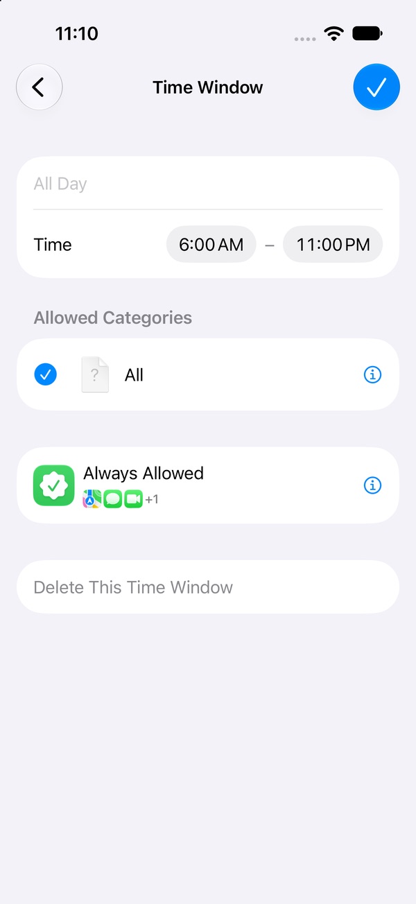 The Time Window editor in iOS 27 with name, start and end time, Allowed Categories and Always Allowed