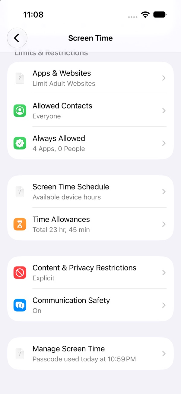 Lower half of the iOS 27 Screen Time page: Content & Privacy Restrictions, Communication Safety and Manage Screen Time