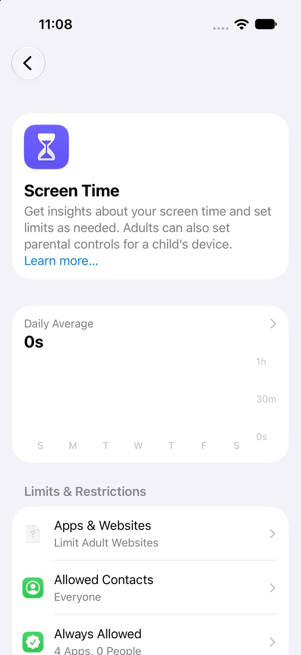 The iOS 27 Screen Time page showing Apps & Websites, Allowed Contacts, Always Allowed, Screen Time Schedule and Time Allowances