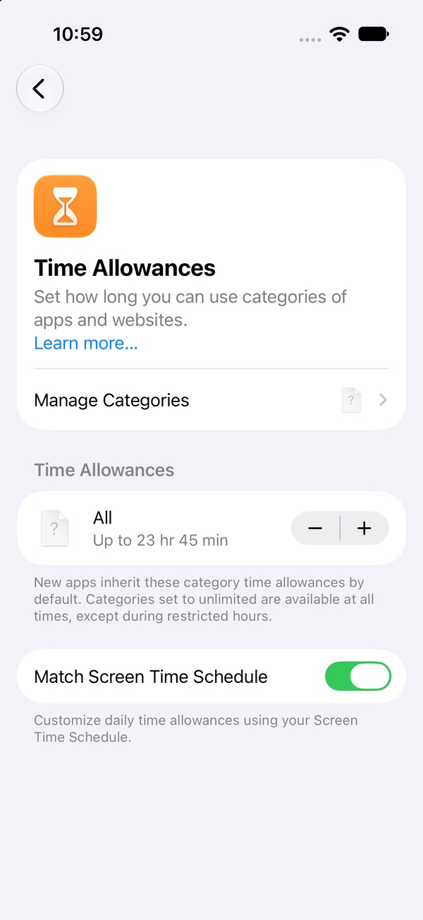 Time Allowances page with the All category changed to Up to 23 hr 45 min after one tap on the minus button