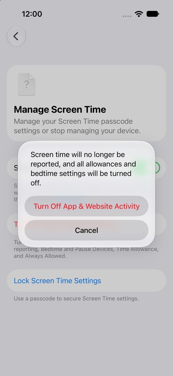 Confirmation dialog: Screen time will no longer be reported, and all allowances and bedtime settings will be turned off, with Turn Off App & Website Activity and Cancel buttons